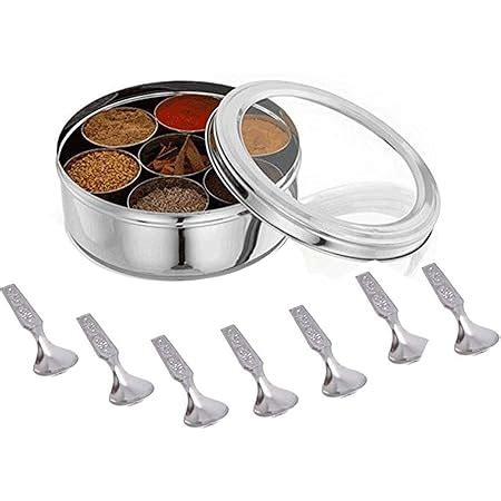 stainless steel spice box with spoons|Stainless Steel Spice box with Non Breakable Transparent glass .